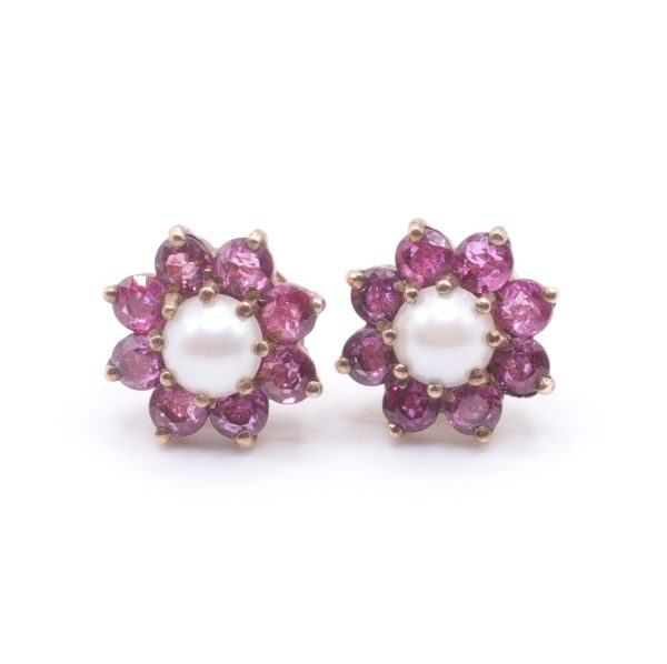 Ruby & Cultured Pearl Cluster Earrings