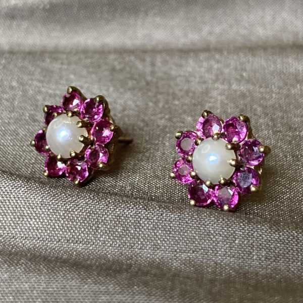 Ruby & Cultured Pearl Cluster Earrings - Image 4